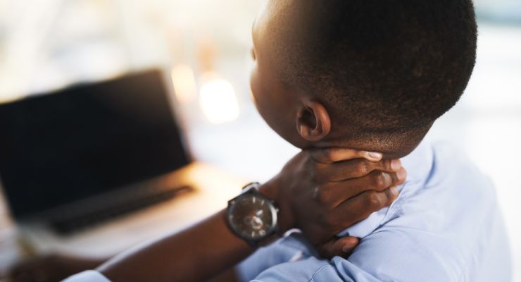 Office,,Stress,And,Black,Man,At,Laptop,With,Neck,Pain,