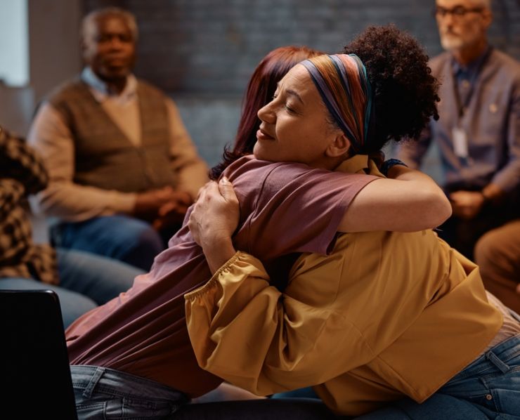 Group,Therapy,Participants,Hugging,During,Mental,Health,Counseling,At,Communicating
